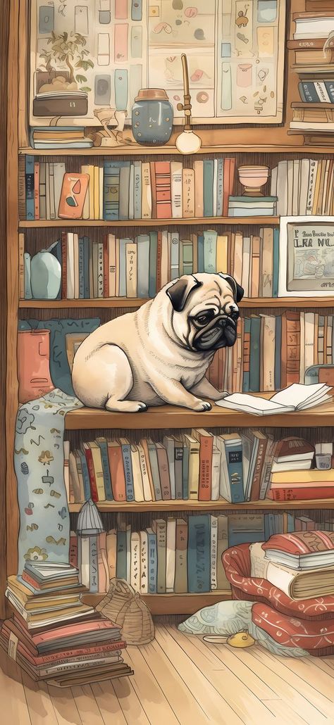 Studious pug reading a book in a library for a scholarly and cozy phone wallpaper, perfect for book lovers Cute Pugs Wallpapers, Literary Aesthetic, Frank The Pug, Enchanting Wallpaper, Peaceful Reading, Pug Wallpaper, Dog Wallpaper Iphone, Baby Pugs, Pug Pictures