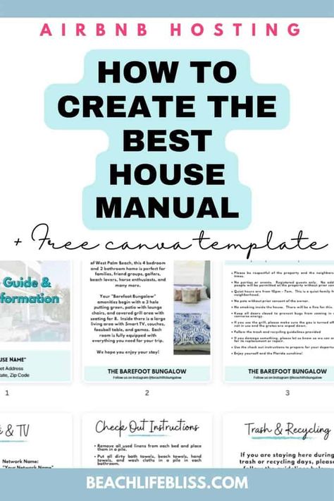 How To Create An Airbnb House Guide + FREE Canva Template Airbnb House Manual Template, Airbnb Binder Template, How To Start Air Bnb Business, Airbnb Checklist House Guests, Air Bnb Inspiration, Airbnb Furniture Checklist, Air Bnb Welcome Binder, Airbnb Binder, Airbnb Manual