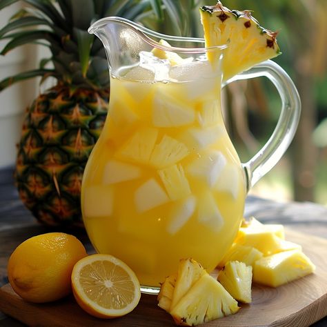 🍍🍋 Refresh yourself with Pineapple Lemonade! 🍋🍍 #PineappleLemonade #RefreshingDrinks Pineapple Lemonade Ingredients: Pineapple juice (2 cups) Lemon juice (1 cup) Water (4 cups) Sugar (1/2 cup) Ice cubes (as needed) Pineapple slices (for garnish) Lemon slices (for garnish) Instructions: In a pitcher, mix pineapple juice, lemon juice, water, and sugar until sugar dissolves. Add ice cubes and garnish with pineapple and lemon slices. 🍍🍋 This Pineapple Lemonade is a refreshing and tangy drink.... Drink With Pineapple Juice, Frozen Pineapple Passion Fruit Lemonade, Pineapple In Coconut Water, Pineapple Juice And Coconut Water, Lemon And Pineapple Belly Fat Drink, Pineapple Lemonade, Twisted Recipes, Pineapple Slices, Pineapple Coconut