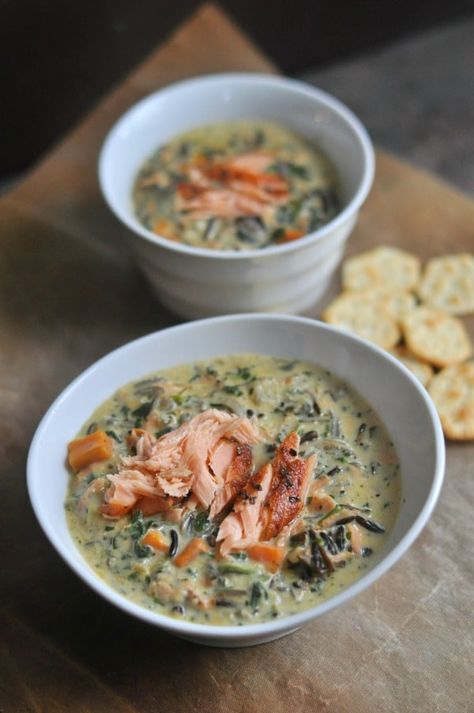 Salmon Wild Rice Soup - Dining with Alice Salmon Wild Rice, Minnesota Wild Rice, Creamy Wild Rice Soup, Creamy Soup Recipes, Seafood Soup, Wild Rice Soup, Minnesota Wild, Rice Soup, Deilig Mat