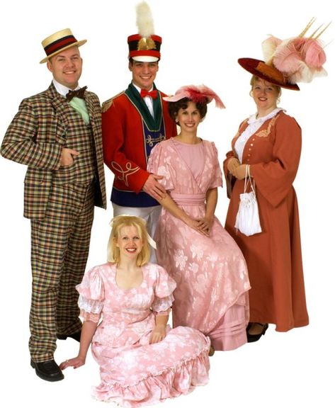 Rental Costumes for The Music Man - Marcellus Washburn, Harold Hill, Zaneeta Shinn, Marian Paroo, Eulalie Shinn Dolly Costumes, 60s Film, Music Man Costumes, Art Nuovo, Theatrical Costumes, Lion King Jr, Pioneer Dress, Edwardian Hat, Broadway Costumes