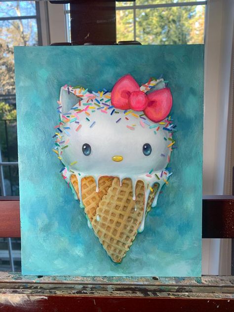 Who’s your all-time fave cartoon character? 🤔 Mine is none other than the one and only Hello Kitty!🎉🐱🎀 She's just too cute with that signature bow!🥰 I wanted to create a new piece that captures her as another fav treat, gelato🍦🍧🎨 I can't wait to share this new painting with all of you soon! 🤗I'm so happy with her that going to release this as a limited-edition print, so you can hang it up in your room and enjoy it whenever you want.🤩🖼 Check out my website for more juicy details 😉 • Hello Kitty Watercolor Painting, Hello Kitty Art Painting, Sanrio Painting Ideas, My Melody Painting, Hello Kitty Painting Ideas, Hello Kitty Painting, Painting Stuff, Fun Crafts To Do, Hello Kitty Art