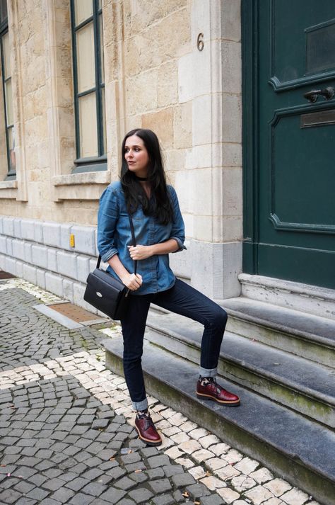 Outfit: cuffed Levi's with floral socks and chunky brogues Utilitarian Outfit, Brogues Outfit, Chunky Brogues, Pink Loafers, Floral Socks, Hall Of Mirrors, Longline Cardigan, Double Denim