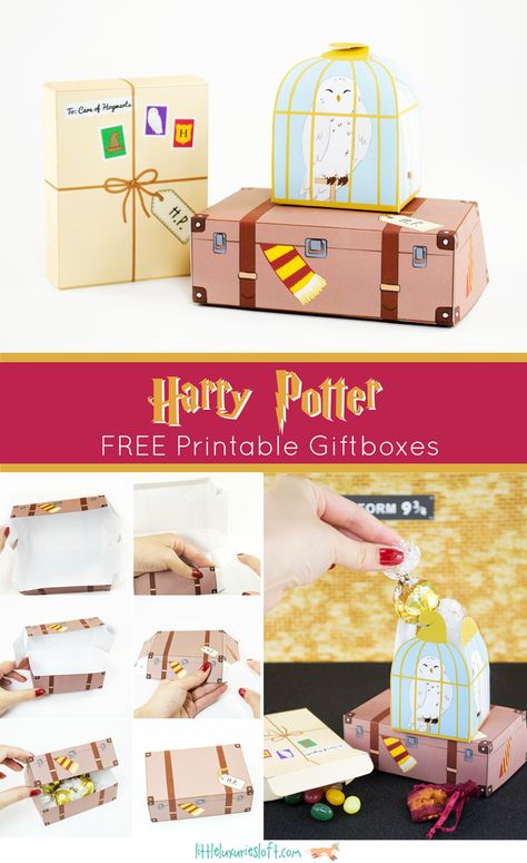 Send out some Halloween treats with these Harry Potter DIY treat boxes. There’s a trunk all packed and ready to head to Hogwarts, Hedwig in her cage, and a gift box for Harry. Your wizarding and Muggl Harry Potter Printable, Harry Potter Weihnachten, Baby Harry Potter, Birthday Board Diy, Classe Harry Potter, Imprimibles Harry Potter, Cumpleaños Harry Potter, Stile Harry Potter, Harry Potter Christmas Tree