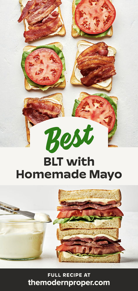 two halves of a BLT with homemade mayonnaise stacked on top of each other on the counter Best Blt, Blt Recipe, Blt Sandwiches, Perfect Blt, Classic Blt Sandwich, Blt Recipes, The Modern Proper, Modern Proper, Homemade Mayo