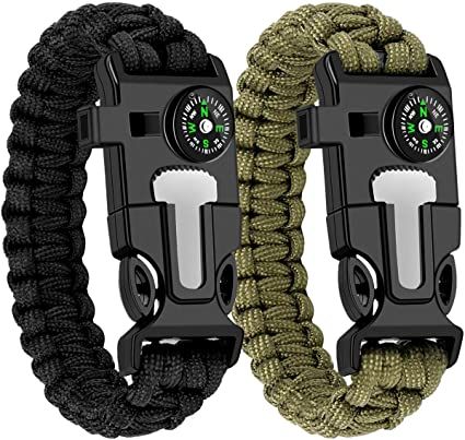 WUQID Paracord Survival Bracelet Loud Whistle Emergency Compass Survival Fire Starter Knife Accessories for Hiking, Camping, Fishing and Hunting (2 Pack) Emergency Bracelet, How To Whistle Loud, Flint Fire Starter, Survival Fire, Compass Bracelet, Paracord Survival, Fire And Stone, Tactical Survival, Fire Starter