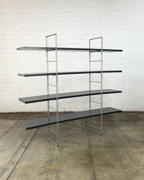 SOLD Niels Gammelgaard Bookcase IKEA 1980s Price: 700 Dimensions: W68 D13 H62.5 Between Shelves H12.5 Bauhaus Shelves, Enetri Ikea, Show Shelves, Aluminum Shelf, Bookcase Ikea, Mid Century Vintage Furniture, Niels Gammelgaard, Ikea Vintage, Vintage Bookshelf