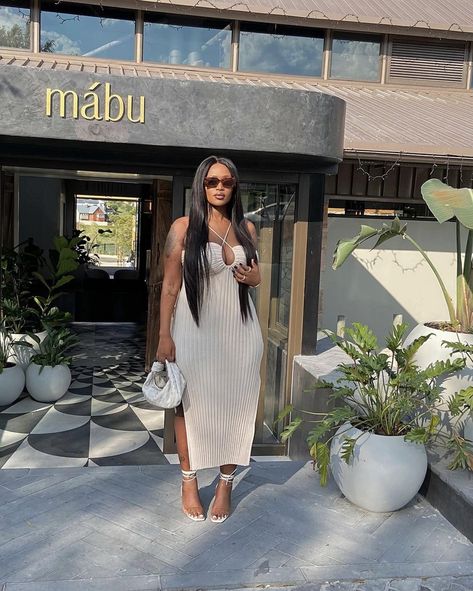 Neutral monochrome classy dress Nude Summer Outfit, Neutral Glam Black Women, Chic Beige Bodycon Dress For Brunch, Classy Summer Outfits Black Women, Fitted Neutral Dress For Night Out, Nude Outfits For Black Women, Nude Outfit Black Women, Luxury Nude Summer Dress, Luxury Elegant Nude Swimwear