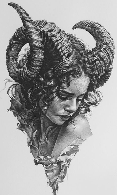 Backpiece Tattoo For Women, Horned Woman, Woman With Horns, Horns Drawing, Horns Tattoo, Horn Tattoo, Drawing Of A Woman, Mexican Art Tattoos, Devil Girl