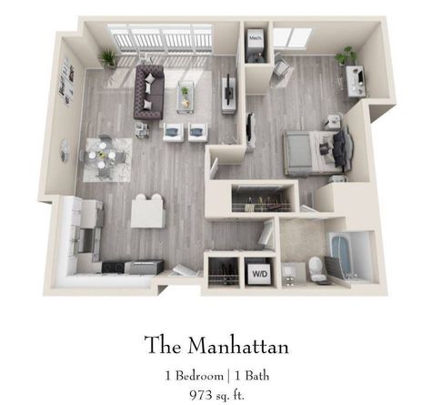 One Bedroom Floor Plan - 973sq ft Luxury Apartment Floor Plan, Wattpad Prompts, Small Apartment Floor Plans, Room Cinema, Condo Floor Plans, One Bedroom House, Apartment Floor, Interior Model, 3d Floor Plan