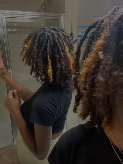 Black And Ginger Locs, Locs Hairstyles Dyed, Dyed Hair Locs, Dread Dye Ideas, 60 Locs Count, Skunk Stripe Dreads, Ponytail Loc Styles, Loc Parts, Loc Journey Before And After