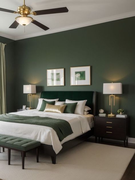 Black And Green And White Bedroom, Black Room With Green Accents, Black White And Forest Green Bedroom, Black White And Hunter Green Bedroom, Bed Back Wall Painting Design, Green Wall With Black Furniture, Bedroom Inspirations Forest Green, Black White And Dark Green Bedroom, Dark Green Accent Wall Bedroom Black Furniture