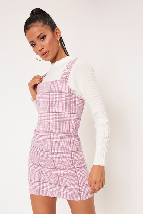 Pink Check Pinafore Dress – Number One Fashion Checked Dress Outfit, Pink Cute Dress, Pink Pinafore Dress, 6th Form Outfits, Check Pinafore Dress, Layered Outfits, Sixth Form Outfits, 6th Form, Glamour Women