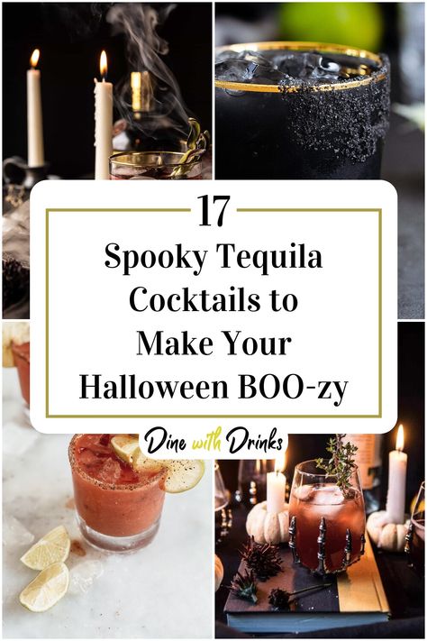 Collage of 4 spooky tequila cocktails. Halloween Themed Tequila Drinks, Spooky Drinks With Tequila, Halloween Cocktails With Tequila, Halloween Cocktails Recipes Tequila, Spooky Tequila Cocktails, Halloween Cocktail Tequila, Spooky Tequila Drinks, Tequila Halloween Cocktails, Halloween Tequila Cocktails