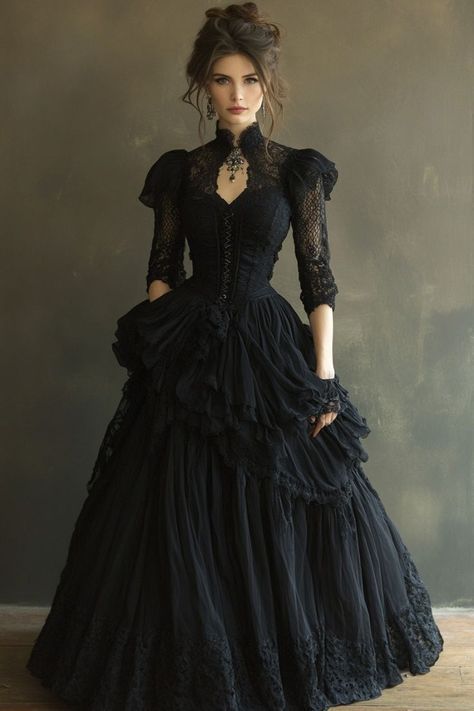 Purple Victorian Gown, Bridesmaid Dresses Victorian, Black Steampunk Dress, Royal Gothic Dress, Victorian Gothic Outfit Women, Gothic Evening Gown, Black Goth Prom Dress, Gothic Wedding Guest Outfit, Black Ball Gown Aesthetic