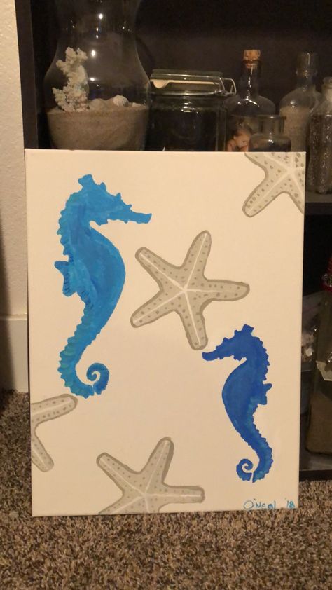 Seahorse starfish painting Sea Horse Painting, Seahorse Painting, Starfish Painting, Beach Canvas Paintings, Beach Paintings, Easy Doodles, Doodles Drawings, Resin Jewelry Diy, Simple Canvas Paintings