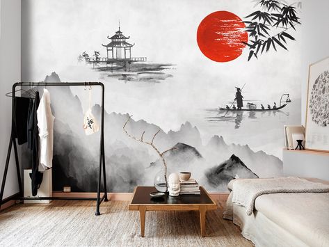 "Japanese Sunrise Removable Wallpaper high quality self adhesive wall panels. WallpapArt's removable wallpapers are made with love and passion in Europe. PROCESSING TIME: WallpapArt`s products are made to order. The time I need to prepare an order for shipping varies is btw 3 and 5 days. DETAILS: With our wallpapers, you can easily turn your wall into an impressively crafted artwork. Our self-adhesive wallpapers are high quality prints made from the latest generation of latex printers. All the d Japanese Wallpaper Bedroom, Japanese Peel And Stick Wallpaper, Japanese Wall Design, Japanese Wall Mural, Japanese Themed Bedroom, Japanese Mural, Tropical Colonial, Japanese Wall Decor, Wallpaper Landscape