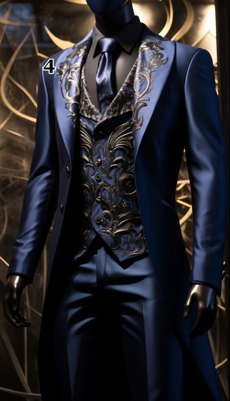 Fairytale Suit Men, Coattails Suit, Extravagant Suits Men, Cool Mens Suits, Male Suits Wedding, Celestial Outfit Male, Navy Blue And Gold Suit, Mens Masquerade Party Outfit, Royalty Outfits Men