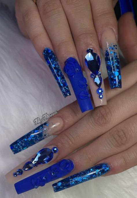 Royal Blue Wedding Nails For Bride, Blue Rhinestone Nails, Royal Blue Nails Acrylic, Bb Nails, Blue Bling Nails, Blue Wedding Nails, Goddess Nails, Elite Nails, Quince Nails