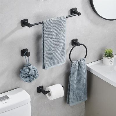 Modern safety design: matte black easily crosses style boundaries, and our bathroom towel rack adds more modern elements to your bathroom. The quiet earth color of matte black creates a calm appearance. Simple style, simple and beautiful lines, let your bathroom take on a new look. Our wall frame can withstand the test of time, because its charm will never go out of style. Finish: Matte Black | BEAUTY DEPOT 4 - Piece Bathroom Hardware Set Metal in Black | Wayfair HJX-2071 Matte Black Accessories, Black Bathroom Accessories Set, Black Bathroom Hardware, Black Towel Bar, Bathroom Accesories, Gold Bad, Bathroom Towel Hooks, Bathroom Towel Rack, Black Bathroom Accessories