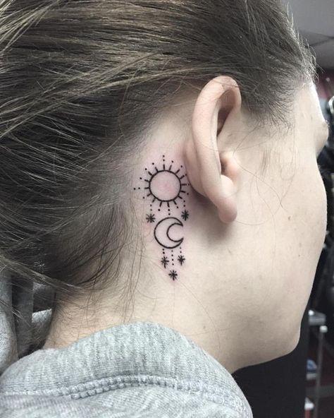 Beautiful #Sun With #Moon Behind The Ear #behindtheeartattoo #tattoo #eartattoo Ween Tattoo, Sun Tattoo Behind Ear, Sonne Tattoo, Tattoos Moon, Sun Tattoo Small, Behind Ear Tattoos, Tattoo Behind Ear, Sun And Moon Tattoo, Circle Tattoos