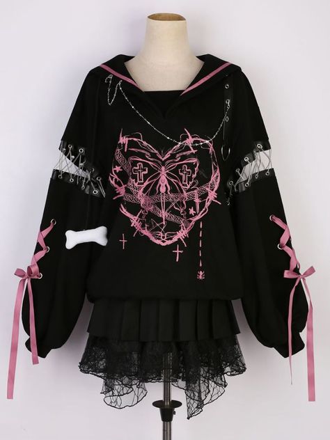 Black and pink clash, butterfly and cross print, sailor collar, chain and lace-up sleeves, landmine style sweatshirt.  Top   	 		 			Size 			S 			M 			L 		 		 			Full Length 			68 			70 			72 		 		 			Bust 			124 			128 			132 		 		 			Shoulders 			53 			54 			55 		 		 			Sleeve Length 			56 			57 			58 		 		 			Cuff 			17 			18 			19 		 	     Skirt   	 		 			Size 			S 			M 			L 		 		 			Full Length 			56 			57 			58 		 		 			Waist 			65-72 			69-76 			73-80 Black And Pink Punk Aesthetic, Pink And Black Alt Outfit, Pastel Emo Outfits, Emo Clothes Aesthetic, Pastel Punk Outfits, Landmine Style, Jirai Kei Fashion, Kawaii Goth Outfits, Pastel Outfit Ideas