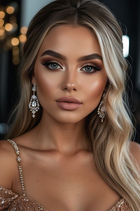 Hair Styles For Evening Dress, Fall Bridesmaids Makeup, Makeup Ideas Bronze Look, Day And Night Makeup Looks, Glam Prom Makeup Looks, Photoshoot Glam Makeup, Champagne Glam Makeup, Bridesmaid Makeup Glam, Hollywood Glam Wedding Makeup