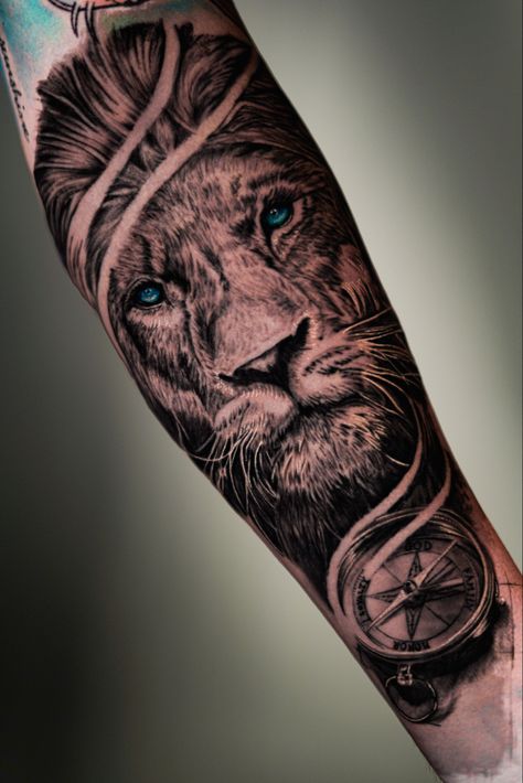 Lion Clock Tattoo Design For Men, Lion And Compass Tattoo, Lion Compass Tattoo, Lion Forearm Tattoo For Men, Spartan Helmet Tattoo, Compass Clock, Lion Forearm Tattoos, Black And Grey Sleeve, Helmet Tattoo