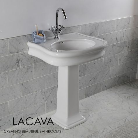 Our pedestal sink design focuses on elegant features and conservation of space! Pair our pedestal sink with a wall-mounted or deck-mounted faucet. Shown in Image: Sink: Lirico H251 in 001 white Pedestal: Lirico H250 in 001 white Faucet: Cigno 1581.1 in CR polished chrome #pedestal #sink #bathroom #elegant #lovely #love #beautiful #porcelain #interiordesign #interiors #style #faucet #design #architecture #photography #luxury #realestate #realtor #powderroom #stunning #beauty #explore Pedastal Sink, Pedestal Sink Bathroom, Luxury Bathroom Sinks, Pedestal Bathroom Sink, Wall Mount Sinks, Copper And Grey, White Faucet, Wall Mount Sink, Trough Sink