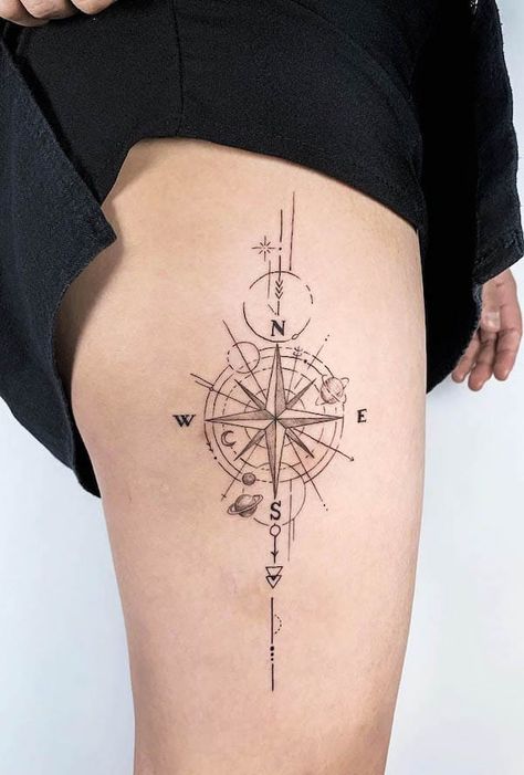 52 Beautiful Compass Tattoos with Meaning Geometric Thigh Tattoo, Compass Thigh Tattoo, Thigh Tattoo Women, Compass Tattoo Ideas, Mandala Compass Tattoo, Traditional Compass Tattoo, Watercolor Compass Tattoo, Geometric Compass Tattoo, Nautical Compass Tattoo