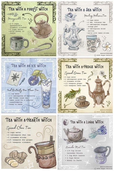 Tea With A Hedge Witch, Cottage Witch Recipes, Witchy Tea Aesthetic, Tea With Witch, Witchcraft Recipes Kitchen Witch, Fantasy Snack Ideas, Home Made Tea Recipes, Tea With A Witch, Tea Spells Witchcraft