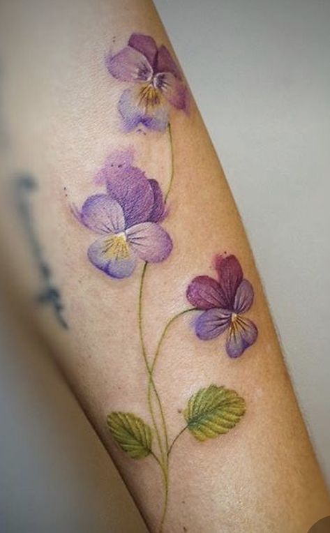 Violet Flower Tattoo, Watercolor Flower Tattoo, Pansy Tattoo, Violet Flower Tattoos, Violet Tattoo, Tato Jari, Tattoo Watercolor, Watercolor Tattoo Flower, Tattoos For Women Flowers