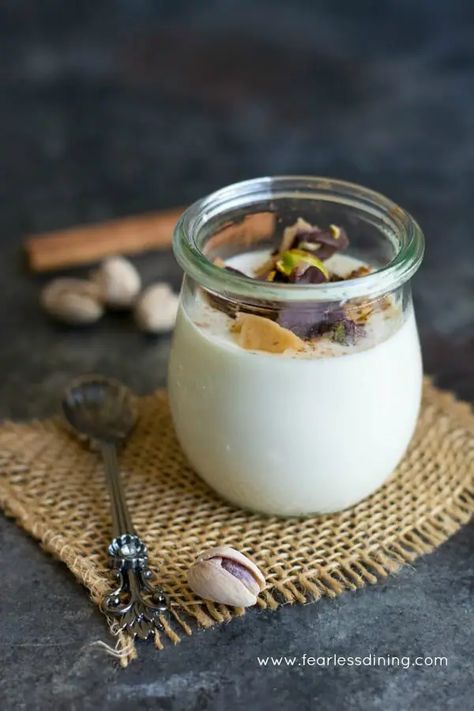 Eggnog Panna Cotta, Pistachio Toffee, Eggnog Desserts, Gluten Free Pudding, Eggnog Dessert, Easy Eggnog, Toffee Crunch, Delicious Holiday Desserts, Best Gluten Free Desserts