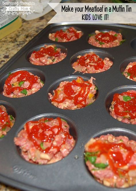 Cook your meatloaf in a muffin tin, the kids will love it!  (Mini-Meatloaf Recipe.) Meatloaf Muffins Recipe, Mini Meatloaf Recipes, Mini Meatloaf, Meatloaf Muffins, Low Carb Muffins, Muffin Tin Recipes, Lunch Menu, Muffin Tin, Beef Dishes