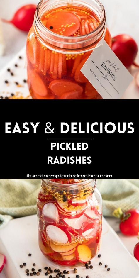 These Easy Pickled Radishes, which are quickly and easily made, require minimal effort but produce maximum flavour! They are crunchy, spicy and tangy, as well as adding colour and a refreshing note to many dishes. The sliced radishes are added to a simply prepared and full of flavour brine. After a short wait, they are ready to eat. It doesn’t come much better or easier than that. Quick Pickled Radishes, Quick Pickles, Pickled Radish, Complicated Recipes, Radish Recipes, Pickled Radishes, Ginger Water, Condiment Recipes, Acidic Foods