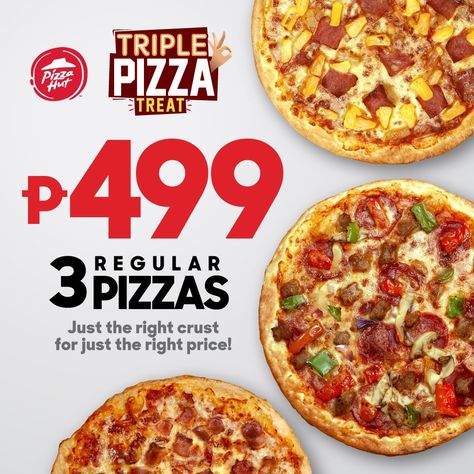 Pizza Hut – Triple Pizza Treat: Three Regular Traditional Pizzas for ₱499 Pizza Poster Design, Pizza Hut Coupon Codes, Pizza Promo, Pizza Post, Bears Wallpapers, Menu Pizza, Pizza Poster, Pizza Branding, Calzone Pizza