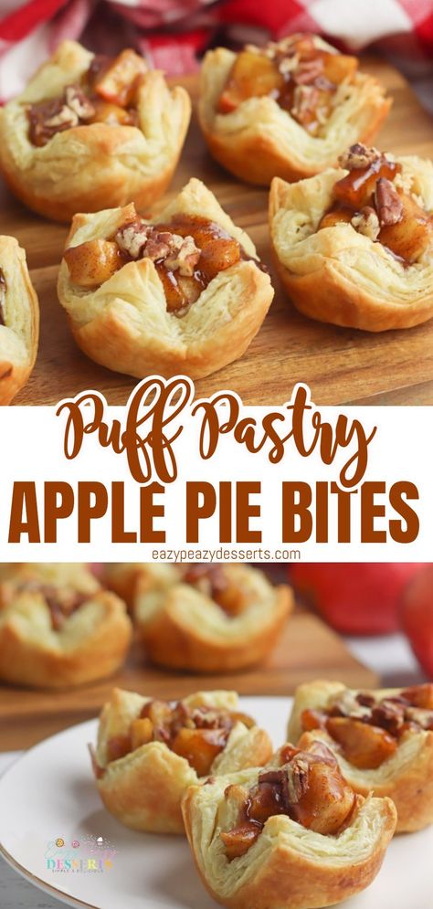 Craving something sweet? These mini apple pies will hit the spot! With a crispy puff pastry crust and sweet apple filling, these delightful apple pie bites will satisfy your sweet tooth. Plus, they’re perfect for parties or gatherings with friends and family. Make your own apple pie cups today by following the simple recipe below! Puff Pastry Apple Pie, Individual Apple Pies, Apple Pie Cups, Puff Pastry Recipes Dessert, Pie Cups, Apple Pie From Scratch, Pie From Scratch, Pastries Recipes Dessert, Apple Pastry