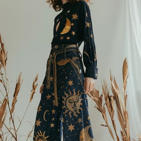 sun custom jeans Blue Celestial Outfit, Sun And Moon Themed Outfits, Astronomer Aesthetic Outfit, Space Acedamia Outfits, Sun Witch Outfit, Celestial Witch Aesthetic Outfit, Jean Art Painting, Celestial Aesthetic Outfit, Sun Outfit Aesthetic