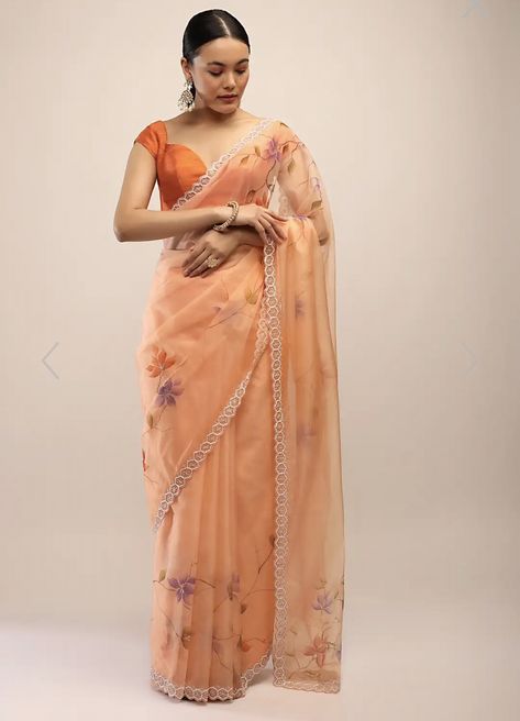 Orange Organza Saree, Floral Organza Saree, Neck Patterns, Blouses Designs, Floral Saree, Kalki Fashion, Ethereal Dress, Orange Saree, Fancy Sarees Party Wear