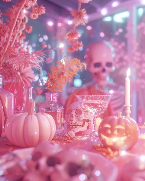 PinkHalloween 💖 #aihorrorrising @aiempirerising @blackwater_ai ( everyone makes fun of me for always buying pink cute Halloween decorations every year but honestly, I love them 😆🤩💖 ) Peach Halloween Aesthetic, Dark Pink Halloween Aesthetic, Whimsical Halloween Decor, Pink Halloween Aesthetic Wallpaper, Halloween Aesthetic Pink, Pink Halloween Background, Pink Spooky Aesthetic, Pink Halloween Aesthetic, Pink Halloween Wallpaper