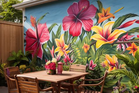 Outdoor Murals Backyards, Garden Mural Outdoor Wall Art, Backyard Mural Ideas, Mural Fence, Backyard Mural, Backyard Dyi, Unique Backyard, Exterior Murals, Garden Fence Art