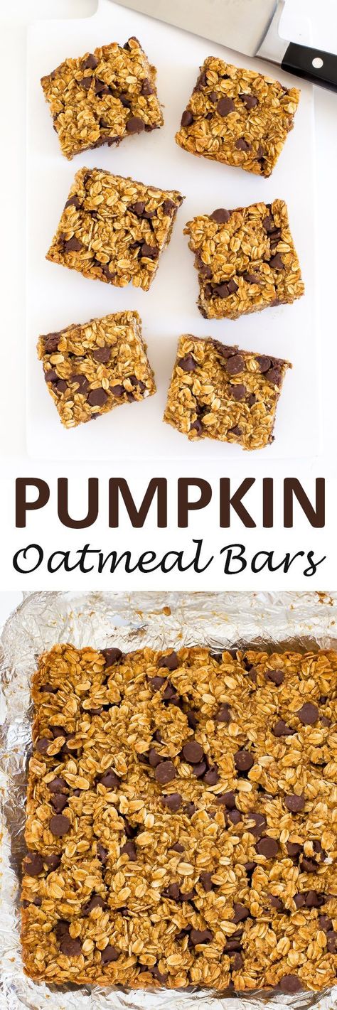 Soft and Chewy Pumpkin Chocolate Chip Oatmeal Bars. The perfect on the go breakfast or snack for Fall! | chefsavvy.com #recipe #pumpkin #oatmeal #bars #breakfast Pumpkin Oatmeal Bars, Chocolate Chip Oatmeal Bars, Oatmeal Pumpkin, Oatmeal Chocolate Chip Bars, Oatmeal Breakfast Bars, Pumpkin Breakfast, Recipe Pumpkin, Fall Brunch, Pumpkin Chocolate Chip