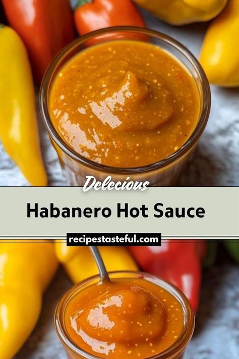 A fiery homemade hot sauce made with habanero peppers, vinegar, and lime juice, perfect for adding a spicy kick to your favorite dishes. Habanero Sauce Recipe, Fermented Hot Sauce Recipe, Habanero Recipes, Hot Pepper Recipes, Hot Sauce Recipe, Habanero Salsa, Pepper Sauce Recipe, Habanero Sauce, Homemade Hot Sauce