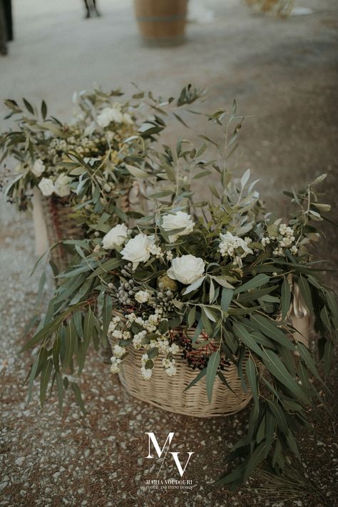 Wild West Party Theme, Olive Branch Wedding, Greek Islands Wedding, Basket Flower Arrangements, Olive Wedding, Wedding Tableware, Olive Branches, Country Chic Wedding, Floral Branch