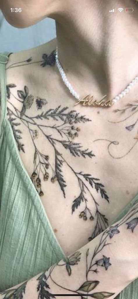 Greenery Neck Tattoo, Big Vine Tattoos, Earthy Collarbone Tattoos, Ivy Vine Collar Bone Tattoo, Chest Vine Tattoo Female, Back Vine Tattoos For Women, Sternum Leaves Tattoo, Full Body Flower Vine Tattoo, Leaf Chest Tattoo Female