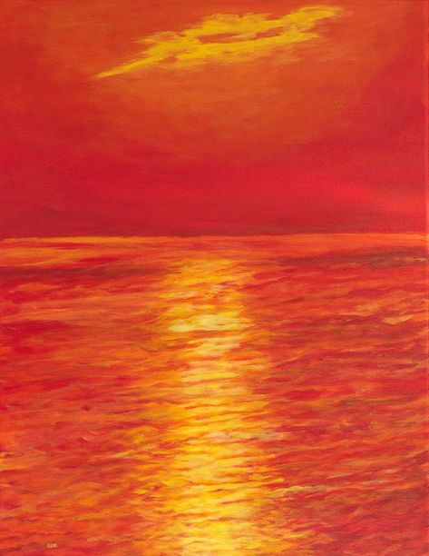 This is Giclee print of an acrylic painting of an orange sunset. #acrylicpainting #homedecor #art Orange Acrylic Art, Golden Sunset Painting, Orange Sunset Painting, Orange Paintings, Atmospheric Painting, Summer Paintings, Monochromatic Painting, Alevel Art, Sunset Dress