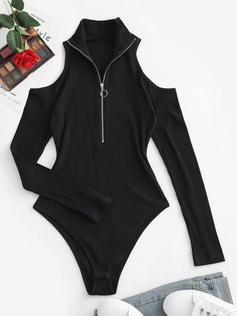 Cold Shoulder Bodysuit, Fresh Sneakers, Hugging Silhouette, Fall Fit, Black Bodysuit, Online Clothing Stores, Online Womens Clothing, Half Zip, Stand Collar