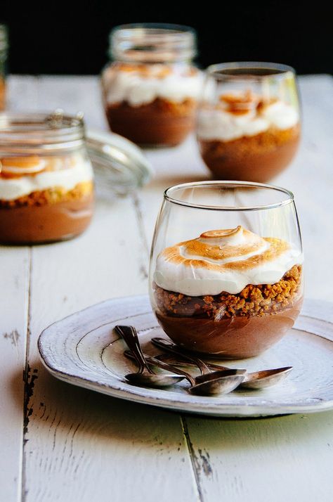 Dark Chocolate Mousse with Graham Cracker Streusel and Toasted Meringue Graham Cracker Streusel, Toasted Meringue, Dark Chocolate Mousse, Chocolate Mousse Recipe, Small Desserts, Mousse Recipes, Dessert Options, Graham Cracker, Chocolate Mousse