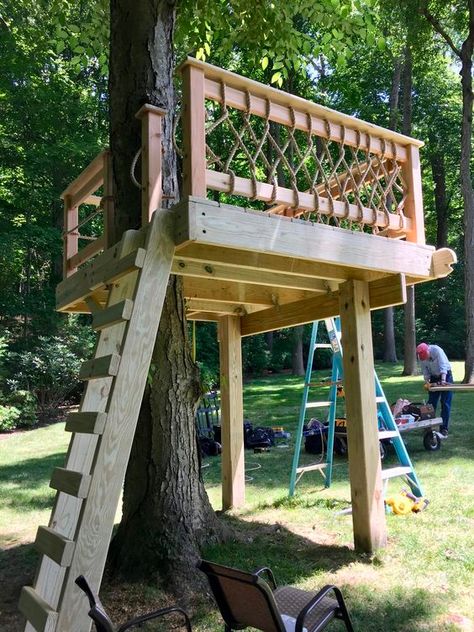 This is another recommendation of a simple tree house that you can build for the kids.  Source: Pinterest (@stilesdesigns.com)  #KidsTreehouseInspiration #CreativeTreehouseDesigns #PlayfulTreehouseIdeas #TreehouseAdventuresForKids #DreamTreehousePlaygrounds #WhimsicalKidsTreehouses #FamilyFunTreehouseProjects #BackyardTreehouseMagic #DIYTreehouseForKids #EnchantingTreehouseHideouts Tree House Platform Diy, Tree House Around Trunk, Tree Stump Tree House Ideas, House Built Around Tree, She Shed Tree House, Tree House Plans Diy, Building Tree House, Two Tree Treehouse, Building A Treehouse Diy