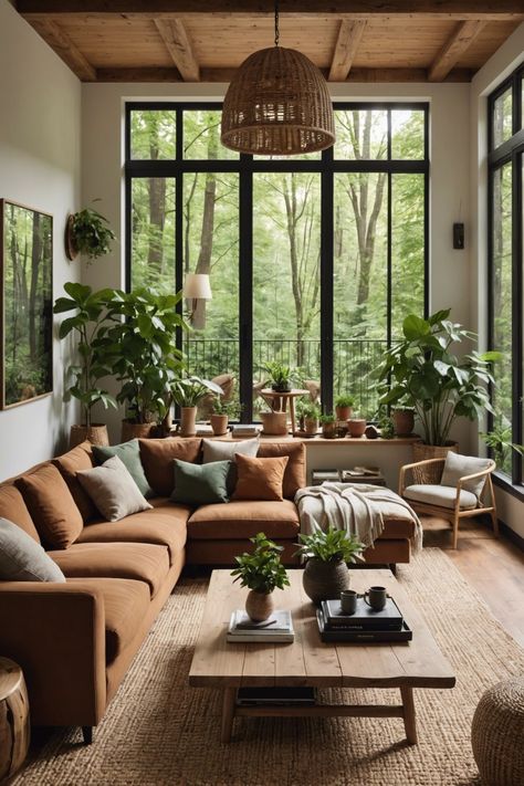 Bohemian Living Room Gray Couch, New Darlings Home, Small Apartment Ideas Aesthetic, Jungle Decor Living Room, Urban Interior Design Living Room, Cozy Natural Living Room, Earthy Colors Living Room, Earthy Fireplace, How To Make Living Room Cozy